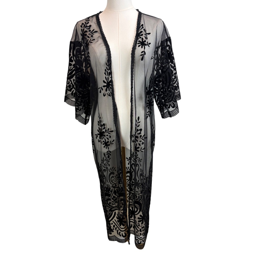 Women's Black Sheer Mesh Floral Burnout Duster Kimono Boho Festival Cover Up